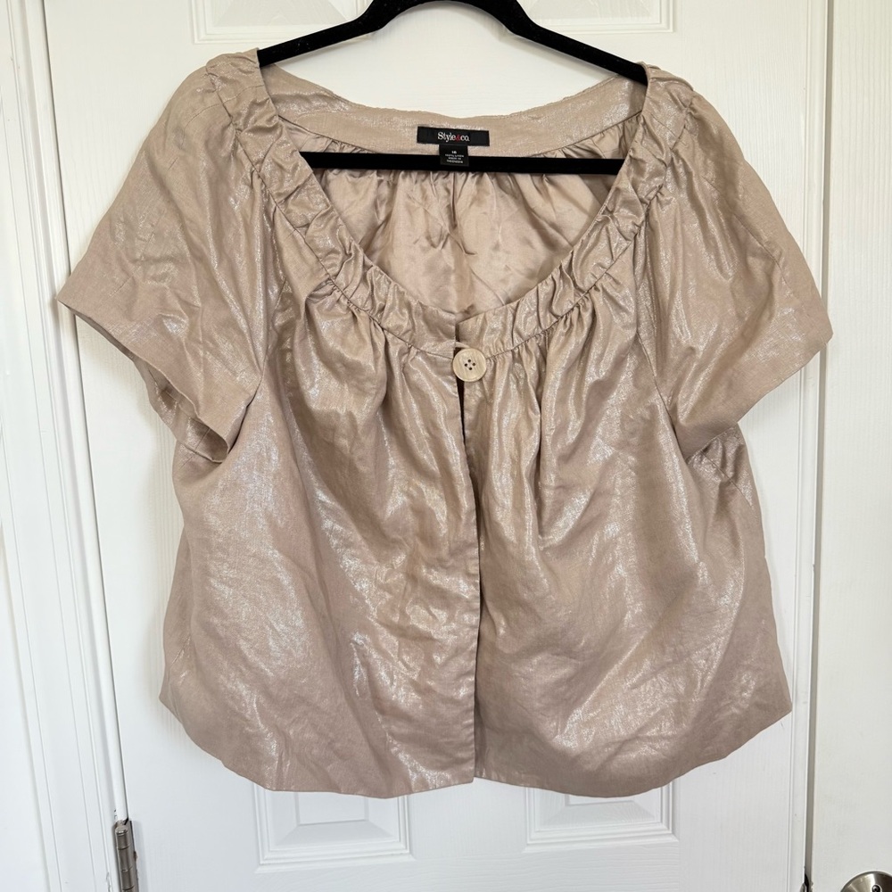 Style & Co. 100% Linen Shimmering Beige One Button Lined Jacket Women's 16 EUC
